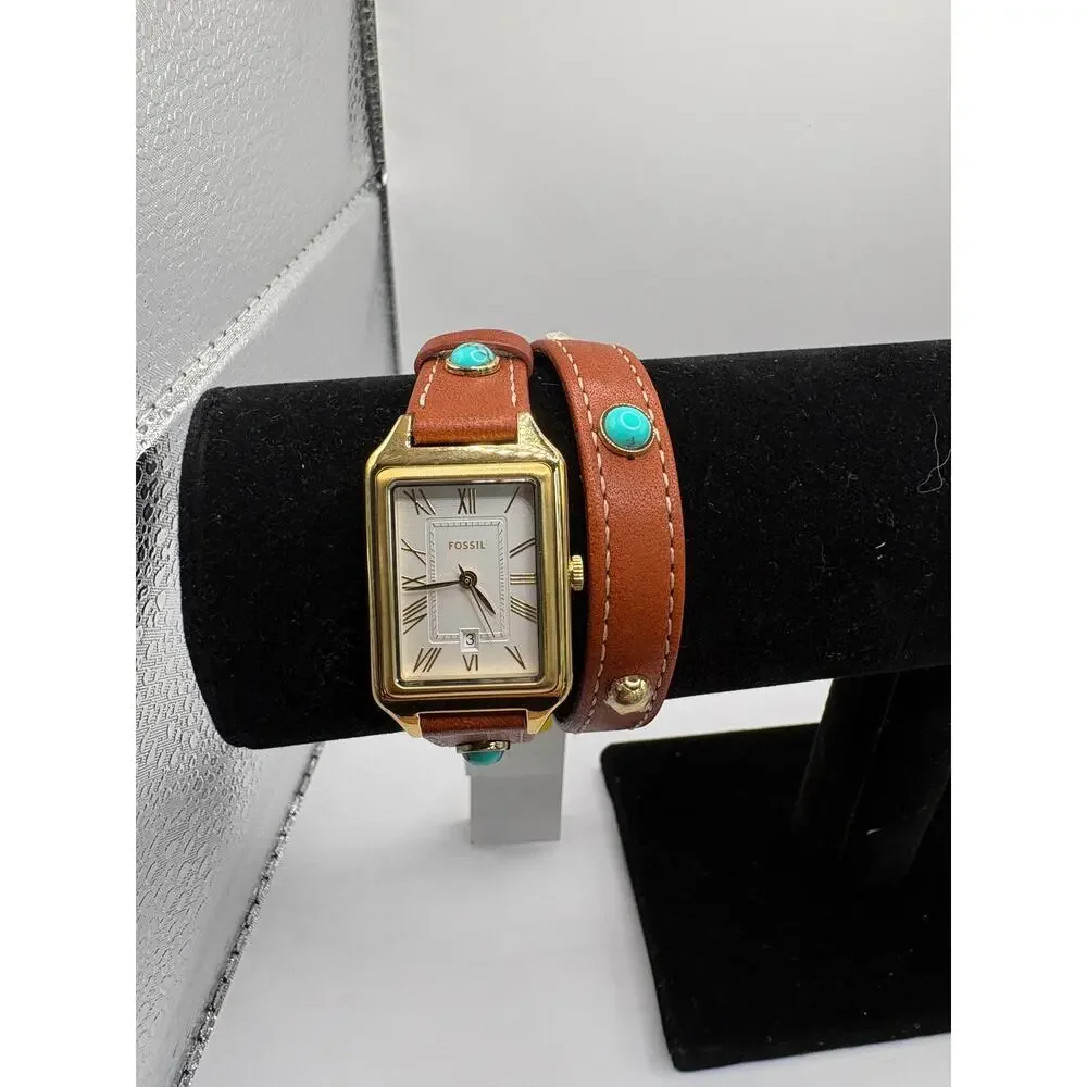 Fossil Women Watch Rectangular Gold-Tone Double Wrap Leather Turquoise Gold